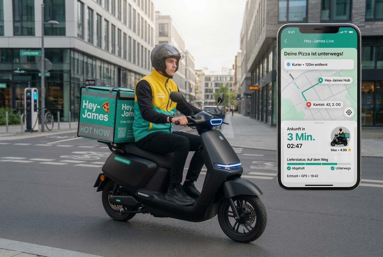 Hey-James Lieferkurier auf Scooter mit Live-Tracking App